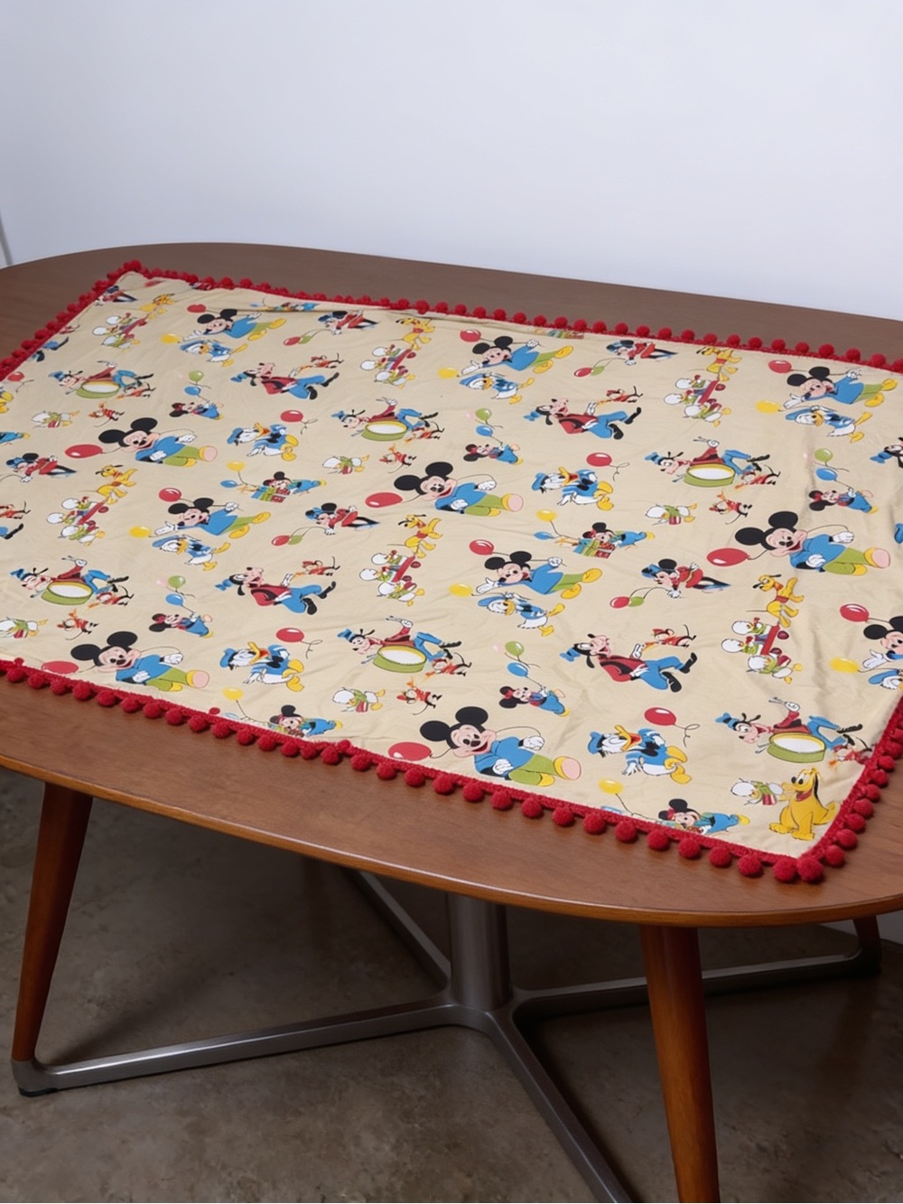 Vintage Disney Cream Mickey Mouse Table Runner with Red Pom Trim